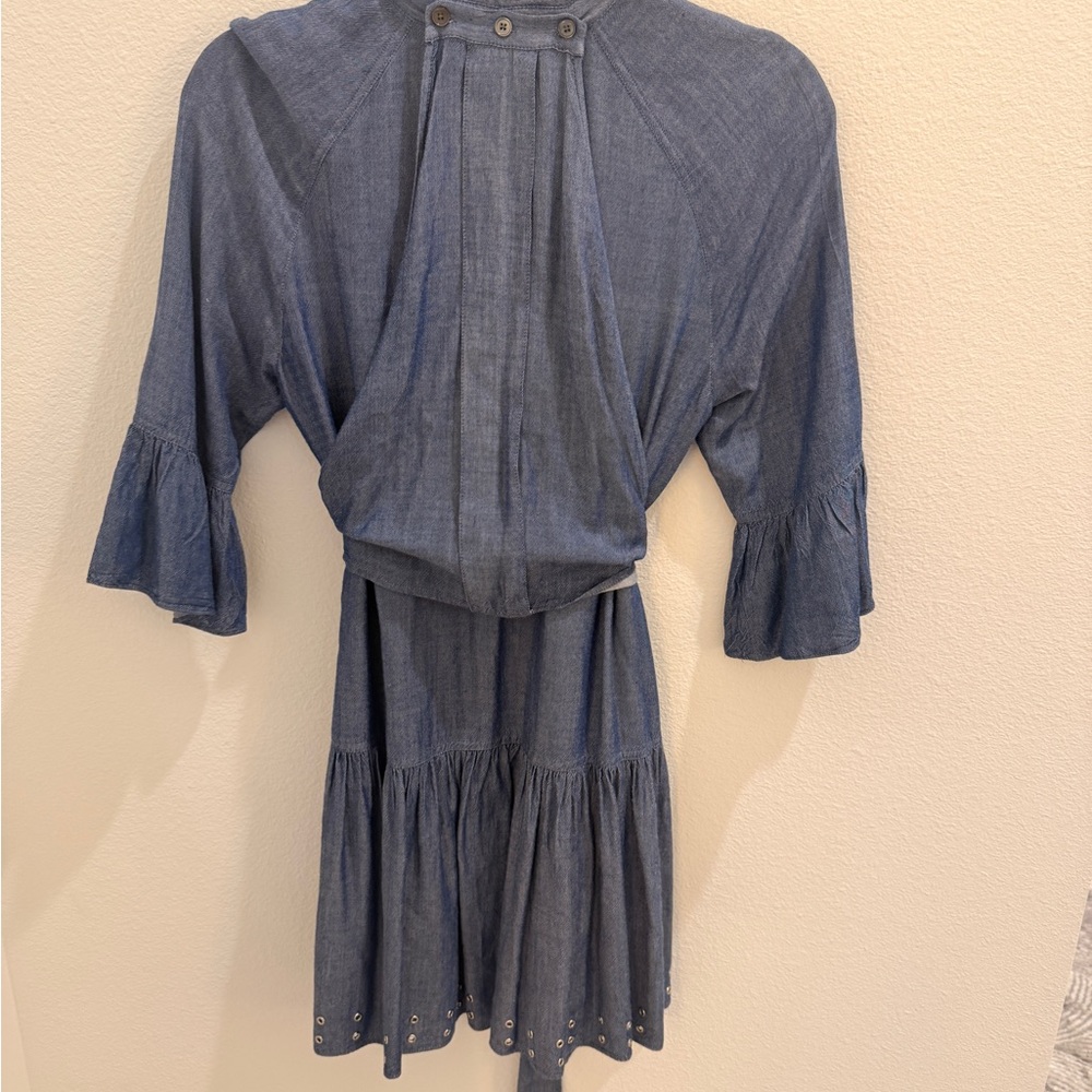 Derek Lam size 4 Chambray Blue Button-Front Mini Dress with Tie - Picture 3 of 3